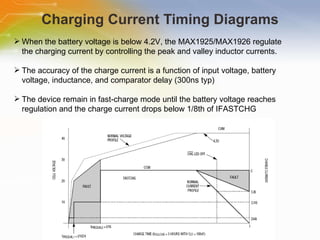 Charging Current Timing Diagrams When the battery voltage is below 4.2V, the MAX1925/MAX1926 regulate the charging current by controlling the peak and valley inductor currents. The accuracy of the charge current is a function of input voltage, battery voltage, inductance, and comparator delay (300ns typ) The device remain in fast-charge mode until the battery voltage reaches regulation and the charge current drops below 1/8th of IFASTCHG 
