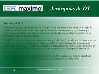 Jerarquias de OT

Jerarquia en OTs
Tambíen se pueden definir grupos de OTs que están asociadas a una orden de trabajo de
nivel superior (llamada Padre), armando de esta manera una jerarquía de trabajos que
dependen unos de otros (de menor dimensión), pero cada uno de ellos vinculados en un
mismo proyecto de mayor longitud.
Las OTs de nivel superior pueden tener una o mas OTs "hijas", y cada una de estas, a su vez
pueden tener una o mas ordenes de trabajo de inferior nivel. Manejar las tareas de esta
forma hace mas sencillo el cambio de estados de cada una de las tareas, ya que el mismo es
aplicado en cascada. También es mas facil ver los costos del trabajo parcializado y de
manera completa.
Una vez organizado el plan de mantenimiento se puede visualizar de manera sencilla el
avance sectorizado, los costos involucrados, y las dependencias entre tareas.



                                Seguimiento de Ordenes de Trabajo                       18
 