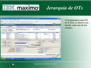 Jerarquia de OTs

                                    ●   Si desplegamos una OT
                                        de la lista, se observa en
                                        detalle cada uno de los
                                        campos.




Seguimiento de Ordenes de Trabajo                             21
 