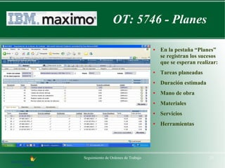 OT: 5746 - Planes

                                    ●   En la pestaña “Planes”
                                        se registran los sucesos
                                        que se esperan realizar:
                                    ●   Tareas planeadas
                                    ●   Duración estimada
                                    ●   Mano de obra
                                    ●   Materiales
                                    ●   Servicios
                                    ●   Herramientas




Seguimiento de Ordenes de Trabajo                           23
 