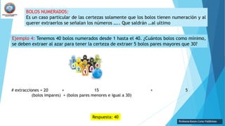 BOLOS NUMERADOS:
Es un caso particular de las certezas solamente que los bolos tienen numeración y al
querer extraerlos se señalan los números ….. Que saldrán …al ultimo
Ejemplo 4: Tenemos 40 bolos numerados desde 1 hasta el 40. ¿Cuántos bolos como mínimo,
se deben extraer al azar para tener la certeza de extraer 5 bolos pares mayores que 30?
# extracciones = 20 + 15 + 5
(bolos impares) + (bolos pares menores e igual a 30)
Respuesta: 40
Profesora Karyn Corzo Valdiviezo
 