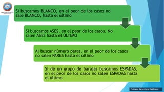 Si buscamos BLANCO, en el peor de los casos no
sale BLANCO, hasta el último
Si buscamos ASES, en el peor de los casos. No
salen ASES hasta el ÚLTIMO
Al buscar número pares, en el peor de los casos
no salen PARES hasta el último
Si de un grupo de barajas buscamos ESPADAS,
en el peor de los casos no salen ESPADAS hasta
el último
Profesora Karyn Corzo Valdiviezo
 