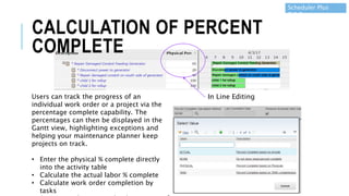 Users can track the progress of an
individual work order or a project via the
percentage complete capability. The
percentages can then be displayed in the
Gantt view, highlighting exceptions and
helping your maintenance planner keep
projects on track.
• Enter the physical % complete directly
into the activity table
• Calculate the actual labor % complete
• Calculate work order completion by
tasks
In Line Editing
Scheduler Plus
7.6.5
CALCULATION OF PERCENT
COMPLETE
 