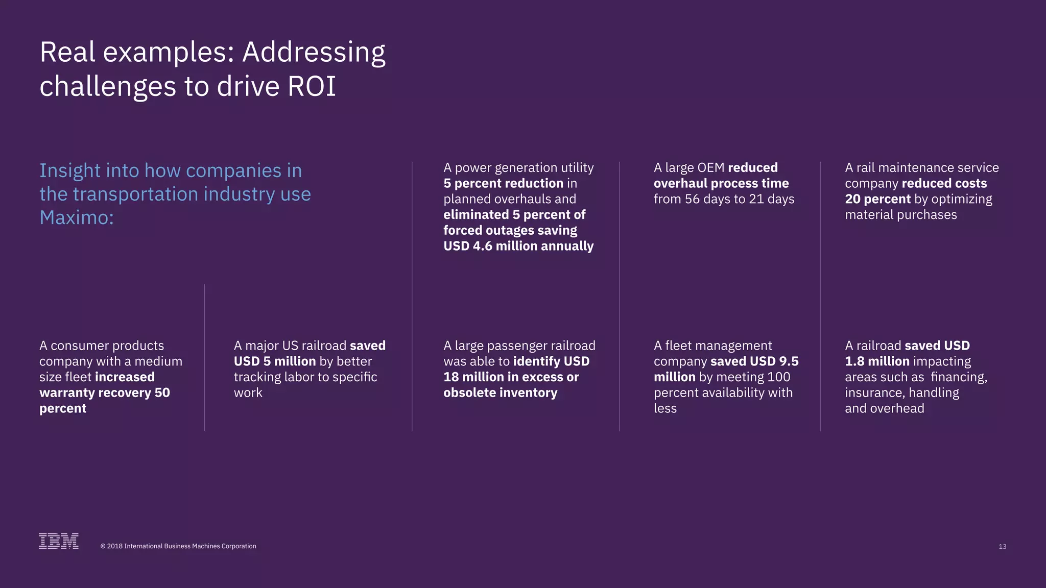 13© 2018 International Business Machines Corporation
Real examples: Addressing
challenges to drive ROI
Insight into how companies in
the transportation industry use
Maximo:
A power generation utility
5 percent reduction in
planned overhauls and
eliminated 5 percent of
forced outages saving
USD 4.6 million annually
A large passenger railroad
was able to identify USD
18 million in excess or
obsolete inventory
A large OEM reduced
overhaul process time
from 56 days to 21 days
A fleet management
company saved USD 9.5
million by meeting 100
percent availability with
less
A railroad saved USD
1.8 million impacting
areas such as financing,
insurance, handling
and overhead
A rail maintenance service
company reduced costs
20 percent by optimizing
material purchases
A consumer products
company with a medium
size fleet increased
warranty recovery 50
percent
A major US railroad saved
USD 5 million by better
tracking labor to specific
work
 