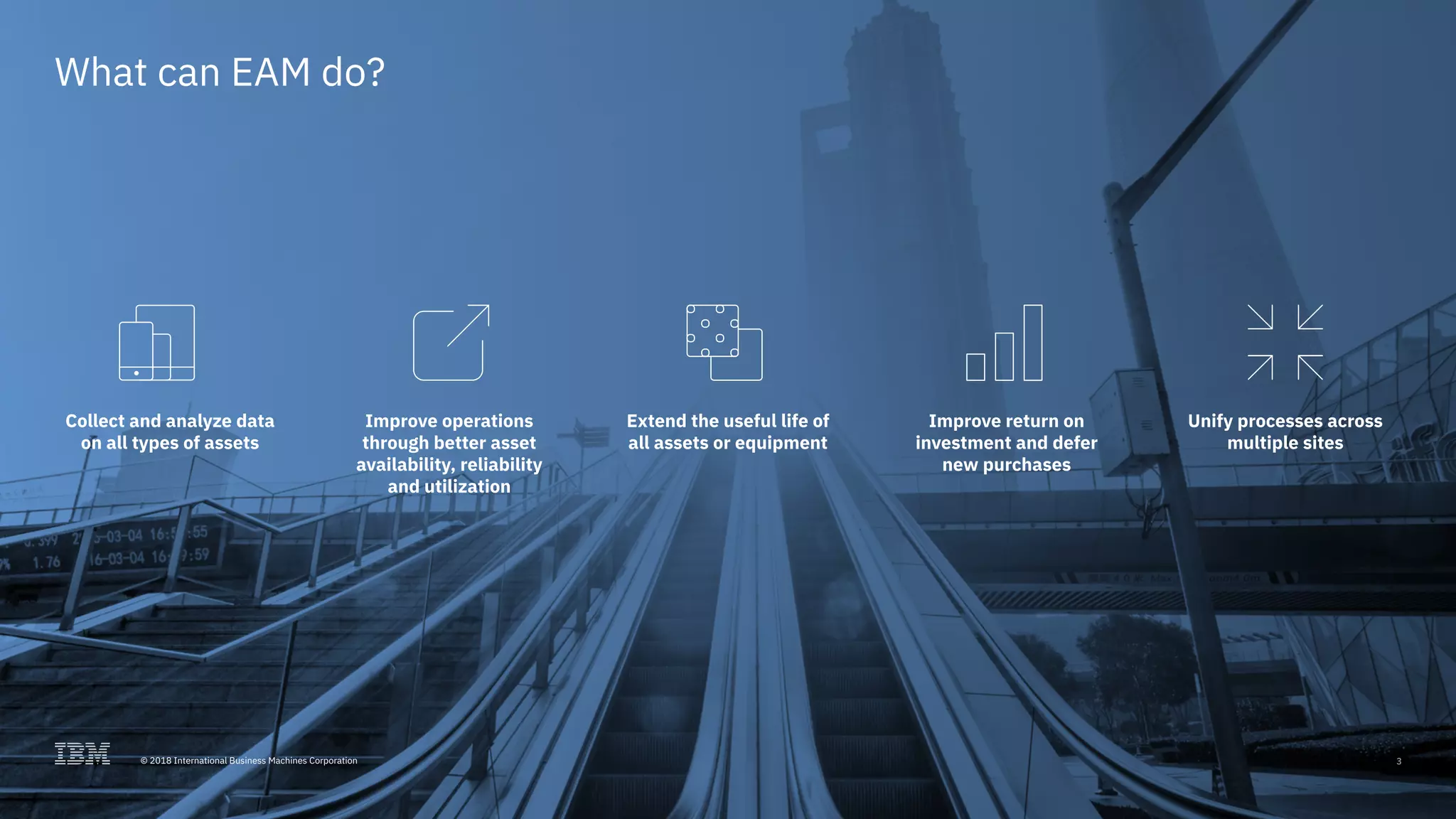 © 2017 International Business Machines Corporation 3
What can EAM do?
Collect and analyze data
on all types of assets
Improve operations
through better asset
availability, reliability
and utilization
Extend the useful life of
all assets or equipment
Improve return on
investment and defer
new purchases
Unify processes across
multiple sites
3© 2018 International Business Machines Corporation
 
