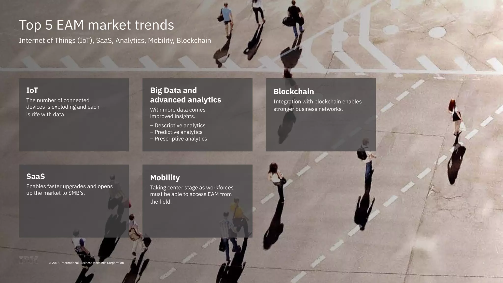 4© 2018 International Business Machines Corporation
Top 5 EAM market trends
Internet of Things (IoT), SaaS, Analytics, Mobility, Blockchain
IoT
The number of connected
devices is exploding and each
is rife with data.
SaaS
Enables faster upgrades and opens
up the market to SMB’s.
Big Data and
advanced analytics
With more data comes
improved insights.
– Descriptive analytics
– Predictive analytics
– Prescriptive analytics
Mobility
Taking center stage as workforces
must be able to access EAM from
the field.
Blockchain
Integration with blockchain enables
stronger business networks.
4© 2018 International Business Machines Corporation
 