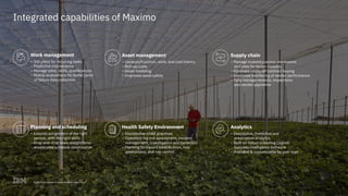 © 2017 International Business Machines Corporation 10
Integrated capabilities of Maximo
Asset management
– Location/Function, work, and cost history
– Roll-up costs
– Asset modeling
– Improved asset safety
Work management
– Job plans for recurring tasks
– Predictive maintenance
– Manage labor, skills, qualifications
– Mobile enablement for better point
	 of failure data collection
Planning and scheduling
– Ensures assignment of the right
	 person, with the right skills
– Drag-and-drop team assignments
	 accelerates schedule optimization
Health Safety Environment
– Standardize HS&E practices
– Operators log risk assessment, incident
	 management, Investigation and correction
– Planning for hazard identification, risk
	 assessment, and risk control
Analytics
– Descriptive, predictive and
	 prescriptive analytics
– Built on industry-leading Cognos
	 business intelligence software
– Available & customizable by user type
Supply chain
– Manage inventory across storerooms
	 and sites for better visibility
– Eliminate costly off-contract buying
– Improved monitoring of vendor performance
– Fully manage receipts, inspections
	 and vendor payments
10© 2018 International Business Machines Corporation
 