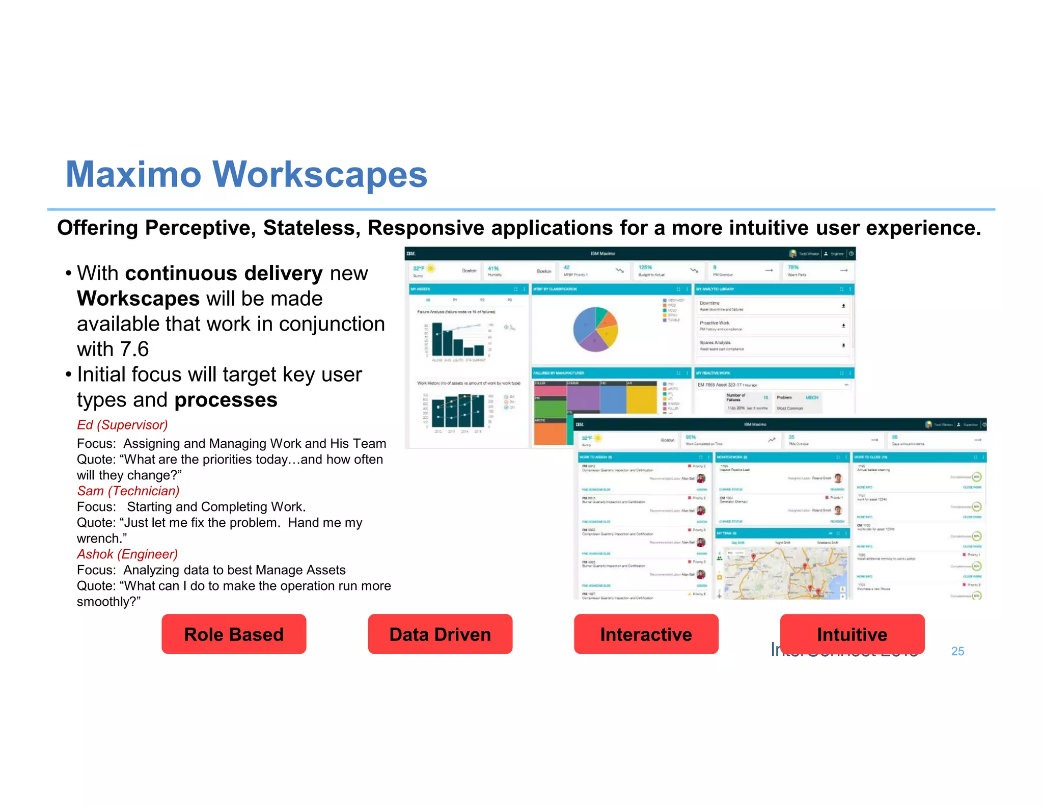 25
Maximo Workscapes
Role Based Data Driven Interactive Intuitive
Offering Perceptive, Stateless, Responsive applications for a more intuitive user experience.
• With continuous delivery new
Workscapes will be made
available that work in conjunction
with 7.6
• Initial focus will target key user
types and processes
Ed (Supervisor)
Focus: Assigning and Managing Work and His Team
Quote: “What are the priorities today…and how often
will they change?”
Sam (Technician)
Focus: Starting and Completing Work.
Quote: “Just let me fix the problem. Hand me my
wrench.”
Ashok (Engineer)
Focus: Analyzing data to best Manage Assets
Quote: “What can I do to make the operation run more
smoothly?”
 