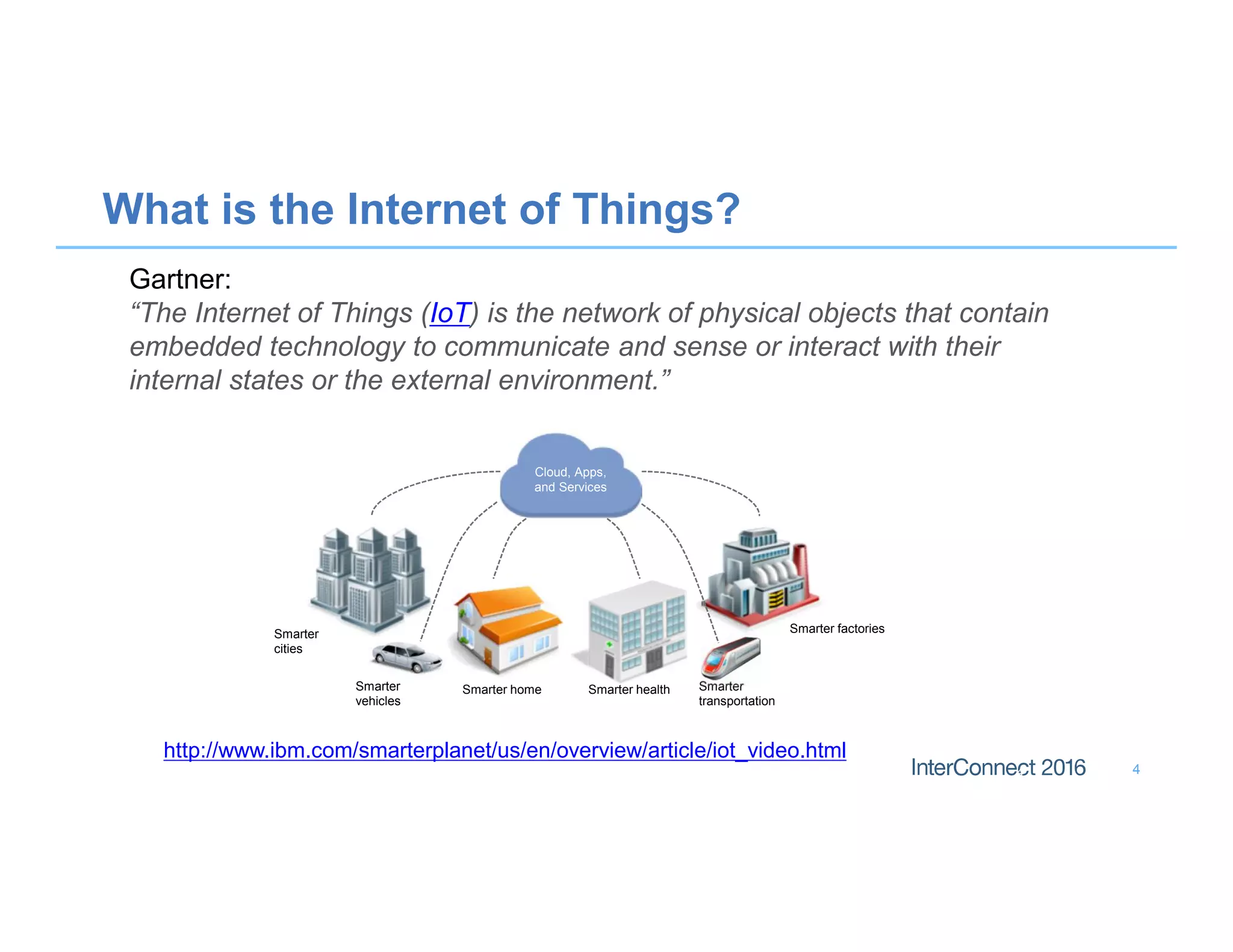 44
What is the Internet of Things?
Gartner:
“The Internet of Things (IoT) is the network of physical objects that contain
embedded technology to communicate and sense or interact with their
internal states or the external environment.”
http://www.ibm.com/smarterplanet/us/en/overview/article/iot_video.html
Smarter
cities
Smarter
vehicles
Smarter home Smarter health
Smarter factories
Smarter
transportation
Cloud, Apps,
and Services
 
