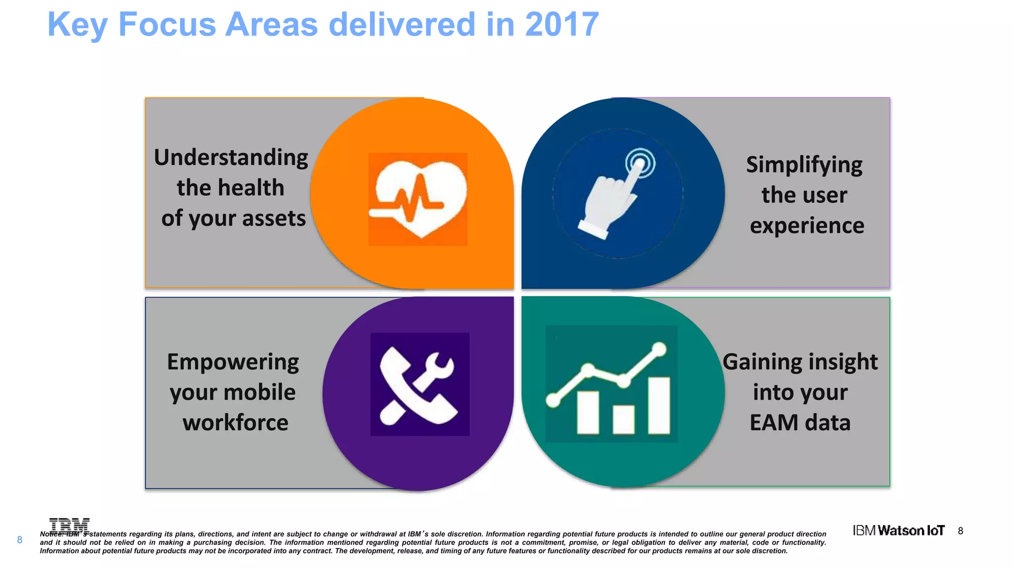 8
8
Key Focus Areas delivered in 2017
Understanding
the health
of your assets
Simplifying
the user
experience
Empowering
your mobile
workforce
Gaining insight
into your
EAM data
Notice: IBM’s statements regarding its plans, directions, and intent are subject to change or withdrawal at IBM’s sole discretion. Information regarding potential future products is intended to outline our general product direction
and it should not be relied on in making a purchasing decision. The information mentioned regarding potential future products is not a commitment, promise, or legal obligation to deliver any material, code or functionality.
Information about potential future products may not be incorporated into any contract. The development, release, and timing of any future features or functionality described for our products remains at our sole discretion.
 
