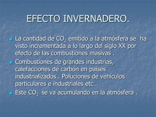 EFECTO INVERNADERO.
   La cantidad de CO2 emitido a la atmósfera se ha
    visto incrementada a lo largo del siglo XX por
    efecto de las combustiones masivas .
   Combustiones de grandes industrias,
    calefacciones de carbón en paises
    industrializados . Poluciones de vehículos
    particulares e industriales etc…
   Este CO2 se va acumulando en la atmósfera .
 