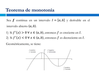 Teorema de monotonía
Sea 𝒇 continua en un intervalo 𝐼 = 𝑎, 𝑏 y derivable en el
intervalo abierto 𝑎, 𝑏 .
1) Si 𝑓′
𝑥 > 0 ∀ 𝑥 ∈ 𝑎, 𝑏 , entonces 𝑓 es creciente en 𝐼.
2) Si 𝑓′
𝑥 < 0 ∀ 𝑥 ∈ 𝑎, 𝑏 , entonces 𝑓 es decreciente en 𝐼.
Geométricamente, se tiene:
 