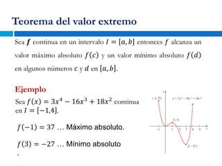 Teorema del valor extremo
Sea 𝒇 continua en un intervalo 𝐼 = 𝑎, 𝑏 entonces 𝑓 alcanza un
valor máximo absoluto 𝑓 𝑐 y un valor mínimo absoluto 𝑓 𝑑
en algunos números 𝑐 y 𝑑 en 𝑎, 𝑏 .
Ejemplo
Sea 𝑓 𝑥 = 3𝑥4
− 16𝑥3
+ 18𝑥2
continua
en 𝐼 = −1,4 .
𝑓 −1 = 37 … Máximo absoluto.
𝑓 3 = −27 … Mínimo absoluto
.
 