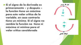  Si el signo de la derivada es
primeramente + y después –
la función tiene un máximo
para este valor critico de la
variable, en caso contrario
tiene un mínimo. Si el signo no
cambia la función no tiene ni
máximo ni mínimo para el
valor critico considerado