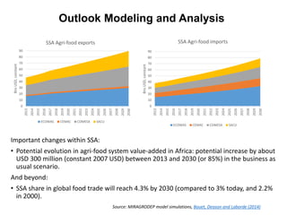 Outlook Modeling and Analysis
Important changes within SSA:
• Potential evolution in agri-food system value-added in Africa: potential increase by about
USD 300 million (constant 2007 USD) between 2013 and 2030 (or 85%) in the business as
usual scenario.
And beyond:
• SSA share in global food trade will reach 4.3% by 2030 (compared to 3% today, and 2.2%
in 2000).
0
10
20
30
40
50
60
70
80
90
2013
2014
2015
2016
2017
2018
2019
2020
2021
2022
2023
2024
2025
2026
2027
2028
2029
2030
BnsUSD,constant
SSA Agri-food exports
ECOWAS CEMAC COMESA SACU
0
10
20
30
40
50
60
70
80
90
2013
2014
2015
2016
2017
2018
2019
2020
2021
2022
2023
2024
2025
2026
2027
2028
2029
2030
BnsUSD,constant
SSA Agri-food imports
ECOWAS CEMAC COMESA SACU
Source: MIRAGRODEP model simulations, Bouet, Deason and Laborde (2014)
 