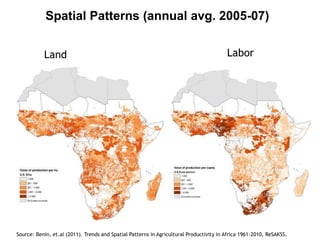 Spatial Patterns (annual avg. 2005-07)
LaborLand
Source: Benin, et.al (2011). Trends and Spatial Patterns in Agricultural Productivity in Africa 1961-2010, ReSAKSS.
 