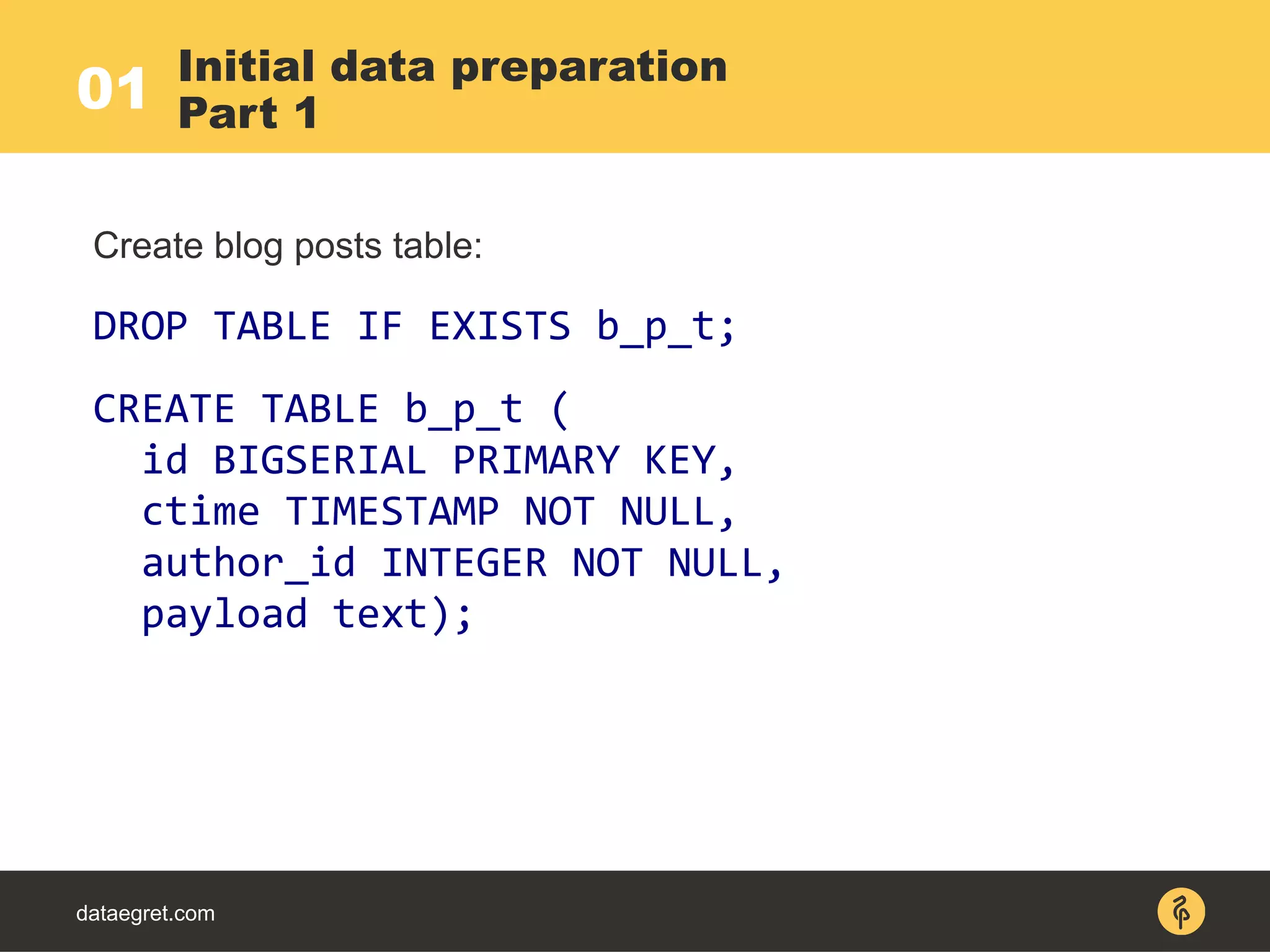 dataegret.com
Create blog posts table:
DROP TABLE IF EXISTS b_p_t;
CREATE TABLE b_p_t (
id BIGSERIAL PRIMARY KEY,
ctime TIMESTAMP NOT NULL,
author_id INTEGER NOT NULL,
payload text);
Initial data preparation
Part 101
 