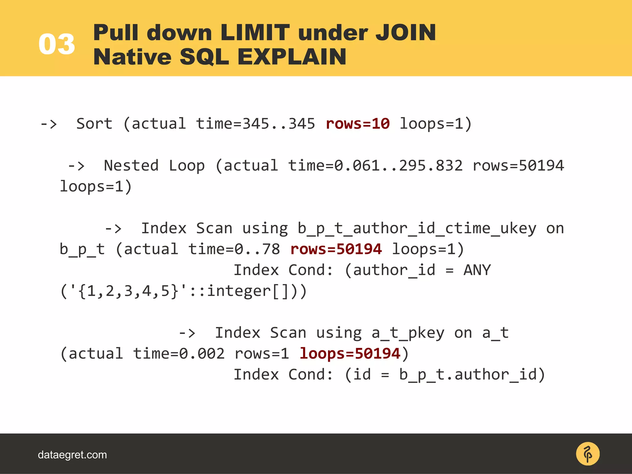 03
dataegret.com
-> Sort (actual time=345..345 rows=10 loops=1)
-> Nested Loop (actual time=0.061..295.832 rows=50194
loops=1)
-> Index Scan using b_p_t_author_id_ctime_ukey on
b_p_t (actual time=0..78 rows=50194 loops=1)
Index Cond: (author_id = ANY
('{1,2,3,4,5}'::integer[]))
-> Index Scan using a_t_pkey on a_t
(actual time=0.002 rows=1 loops=50194)
Index Cond: (id = b_p_t.author_id)
Pull down LIMIT under JOIN
Native SQL EXPLAIN
 