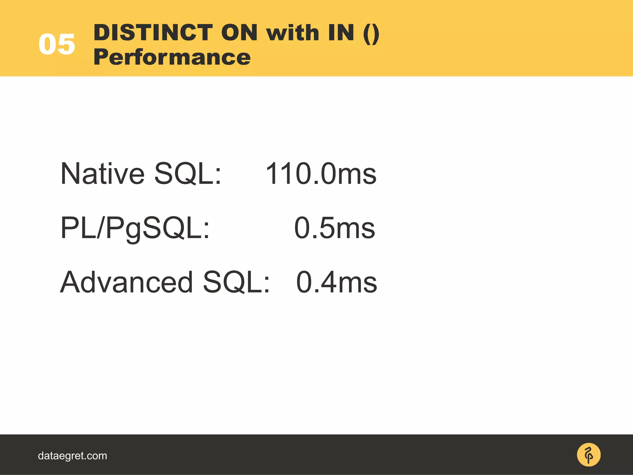 05
dataegret.com
Native SQL: 110.0ms
PL/PgSQL: 0.5ms
Advanced SQL: 0.4ms
DISTINCT ON with IN ()
Performance
 