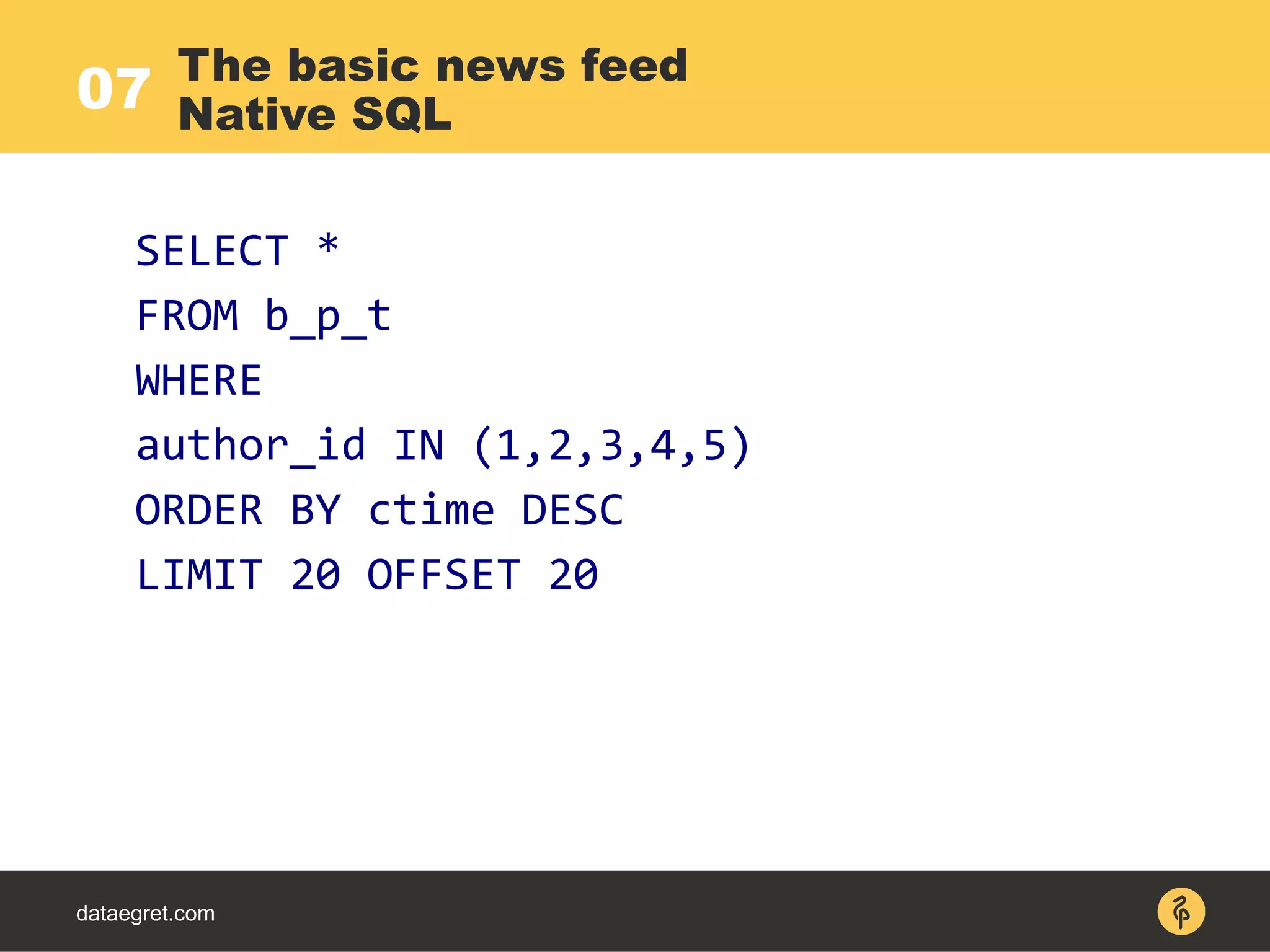 dataegret.com
SELECT *
FROM b_p_t
WHERE
author_id IN (1,2,3,4,5)
ORDER BY ctime DESC
LIMIT 20 OFFSET 20
The basic news feed
Native SQL07
 