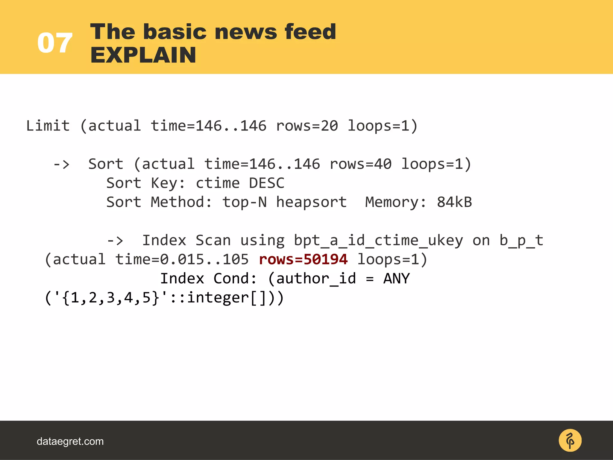 07
dataegret.com
Limit (actual time=146..146 rows=20 loops=1)
-> Sort (actual time=146..146 rows=40 loops=1)
Sort Key: ctime DESC
Sort Method: top-N heapsort Memory: 84kB
-> Index Scan using bpt_a_id_ctime_ukey on b_p_t
(actual time=0.015..105 rows=50194 loops=1)
Index Cond: (author_id = ANY
('{1,2,3,4,5}'::integer[]))
The basic news feed
EXPLAIN
 