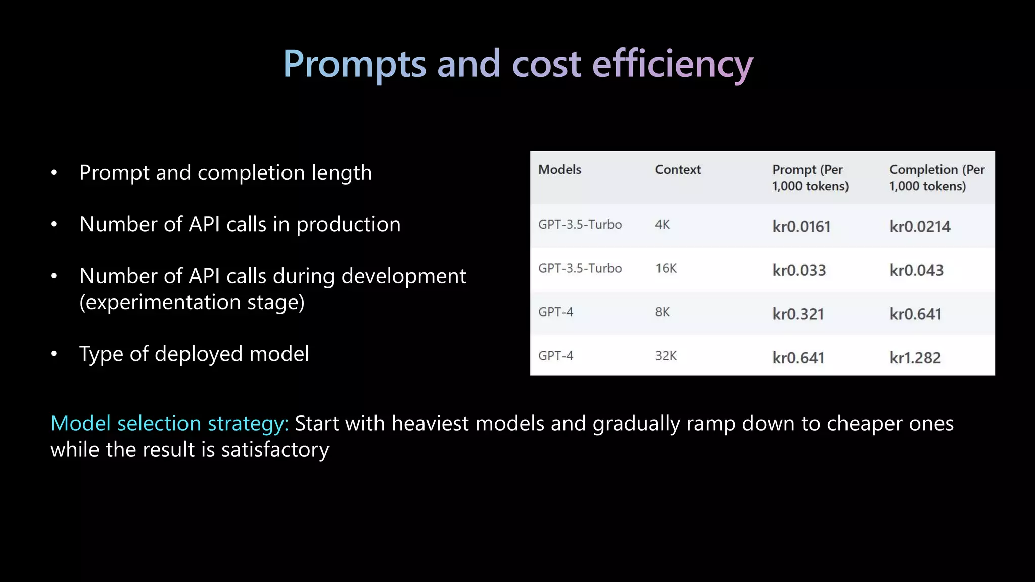 Prompts and cost efficiency
• Prompt and completion length
• Number of API calls in production
• Number of API calls during development
(experimentation stage)
• Type of deployed model
Model selection strategy: Start with heaviest models and gradually ramp down to cheaper ones
while the result is satisfactory
 