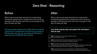 Zero Shot - Reasoning
Before
What is the annual water demand of a single-family
household containing four people who are at home an
average of 200 days per year and use an average of 100
liters of water per day?
The annual water demand of a single-family household
containing four people who are at home an average of
200 days per year and use an average of 100 liters of
water per day is 8,000,000 liters per year.
After
What is the annual water demand of a single-family
household containing four people who are at home an
average of 200 days per year and use an average of 100
liters of water per day?
Let’s think step by step and explain the calculation
step by step.
Step 1: Calculate the total number of days in a year:
There are 365 days in a year.
Step 2: Calculate the total number of days the family is at home:
The family is at home an average of 200 days per year.
Step 3: Calculate the total water demand of the family:
The family uses an average of 100 liters of water per day. Therefore, the total water
demand of the family is 100 liters x 200 days = 20,000 liters per year.
Step 4: Calculate the annual water demand of the single-family household:
The annual water demand of the single-family household is 20,000 liters per year.
 