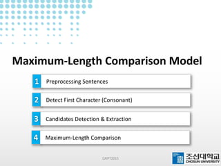 Maximum-Length Comparison Model
CAIPT2015
1 Preprocessing Sentences
2 Detect First Character (Consonant)
3 Candidates Detection & Extraction
4 Maximum-Length Comparison
 