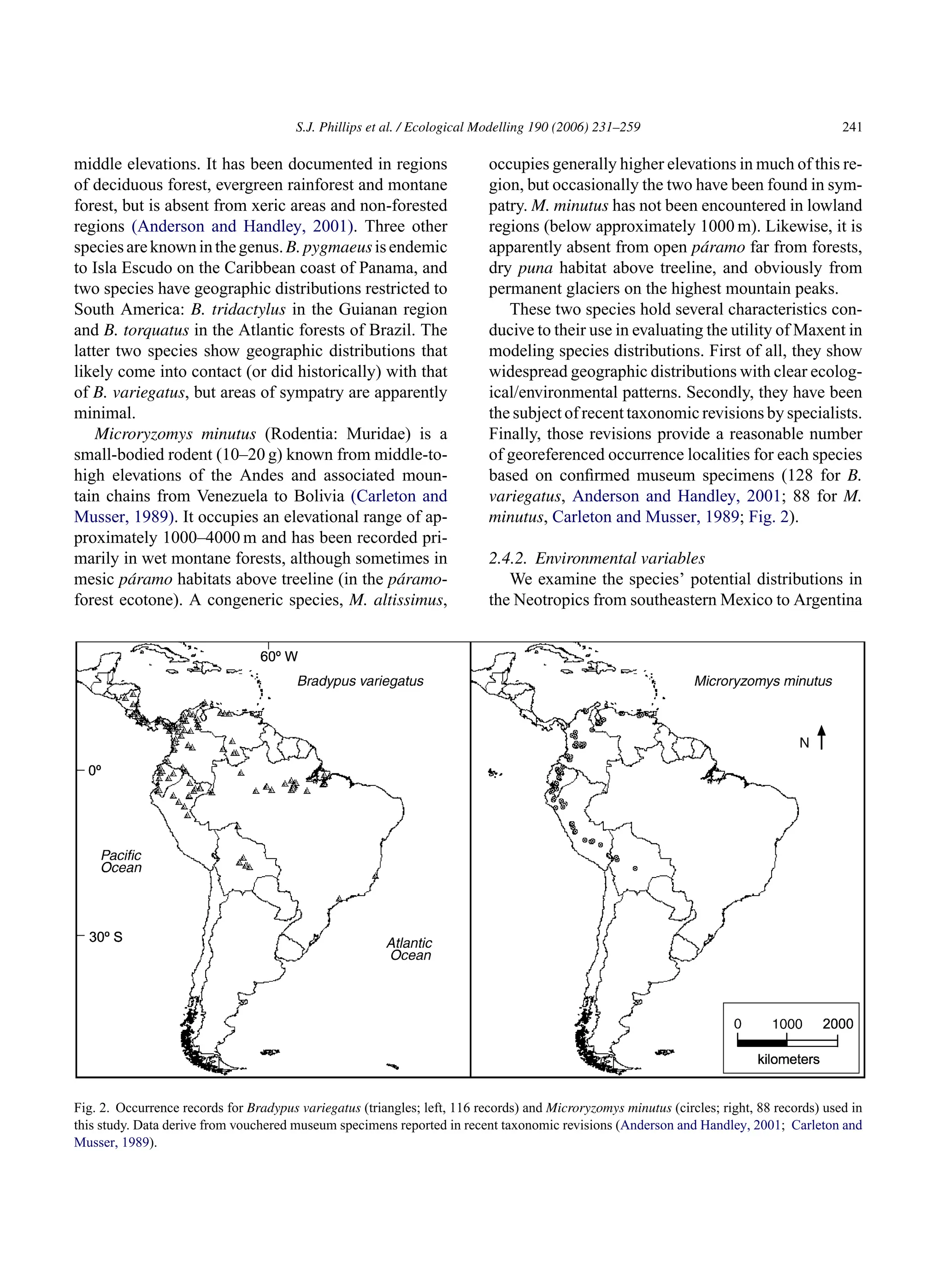 S.J. Phillips et al. / Ecological Modelling 190 (2006) 231–259 241
middle elevations. It has been documented in regions
of deciduous forest, evergreen rainforest and montane
forest, but is absent from xeric areas and non-forested
regions (Anderson and Handley, 2001). Three other
speciesareknowninthegenus.B.pygmaeusisendemic
to Isla Escudo on the Caribbean coast of Panama, and
two species have geographic distributions restricted to
South America: B. tridactylus in the Guianan region
and B. torquatus in the Atlantic forests of Brazil. The
latter two species show geographic distributions that
likely come into contact (or did historically) with that
of B. variegatus, but areas of sympatry are apparently
minimal.
Microryzomys minutus (Rodentia: Muridae) is a
small-bodied rodent (10–20 g) known from middle-to-
high elevations of the Andes and associated moun-
tain chains from Venezuela to Bolivia (Carleton and
Musser, 1989). It occupies an elevational range of ap-
proximately 1000–4000 m and has been recorded pri-
marily in wet montane forests, although sometimes in
mesic páramo habitats above treeline (in the páramo-
forest ecotone). A congeneric species, M. altissimus,
occupies generally higher elevations in much of this re-
gion, but occasionally the two have been found in sym-
patry. M. minutus has not been encountered in lowland
regions (below approximately 1000 m). Likewise, it is
apparently absent from open páramo far from forests,
dry puna habitat above treeline, and obviously from
permanent glaciers on the highest mountain peaks.
These two species hold several characteristics con-
ducive to their use in evaluating the utility of Maxent in
modeling species distributions. First of all, they show
widespread geographic distributions with clear ecolog-
ical/environmental patterns. Secondly, they have been
the subject of recent taxonomic revisions by specialists.
Finally, those revisions provide a reasonable number
of georeferenced occurrence localities for each species
based on confirmed museum specimens (128 for B.
variegatus, Anderson and Handley, 2001; 88 for M.
minutus, Carleton and Musser, 1989; Fig. 2).
2.4.2. Environmental variables
We examine the species’ potential distributions in
the Neotropics from southeastern Mexico to Argentina
Fig. 2. Occurrence records for Bradypus variegatus (triangles; left, 116 records) and Microryzomys minutus (circles; right, 88 records) used in
this study. Data derive from vouchered museum specimens reported in recent taxonomic revisions (Anderson and Handley, 2001; Carleton and
Musser, 1989).
 