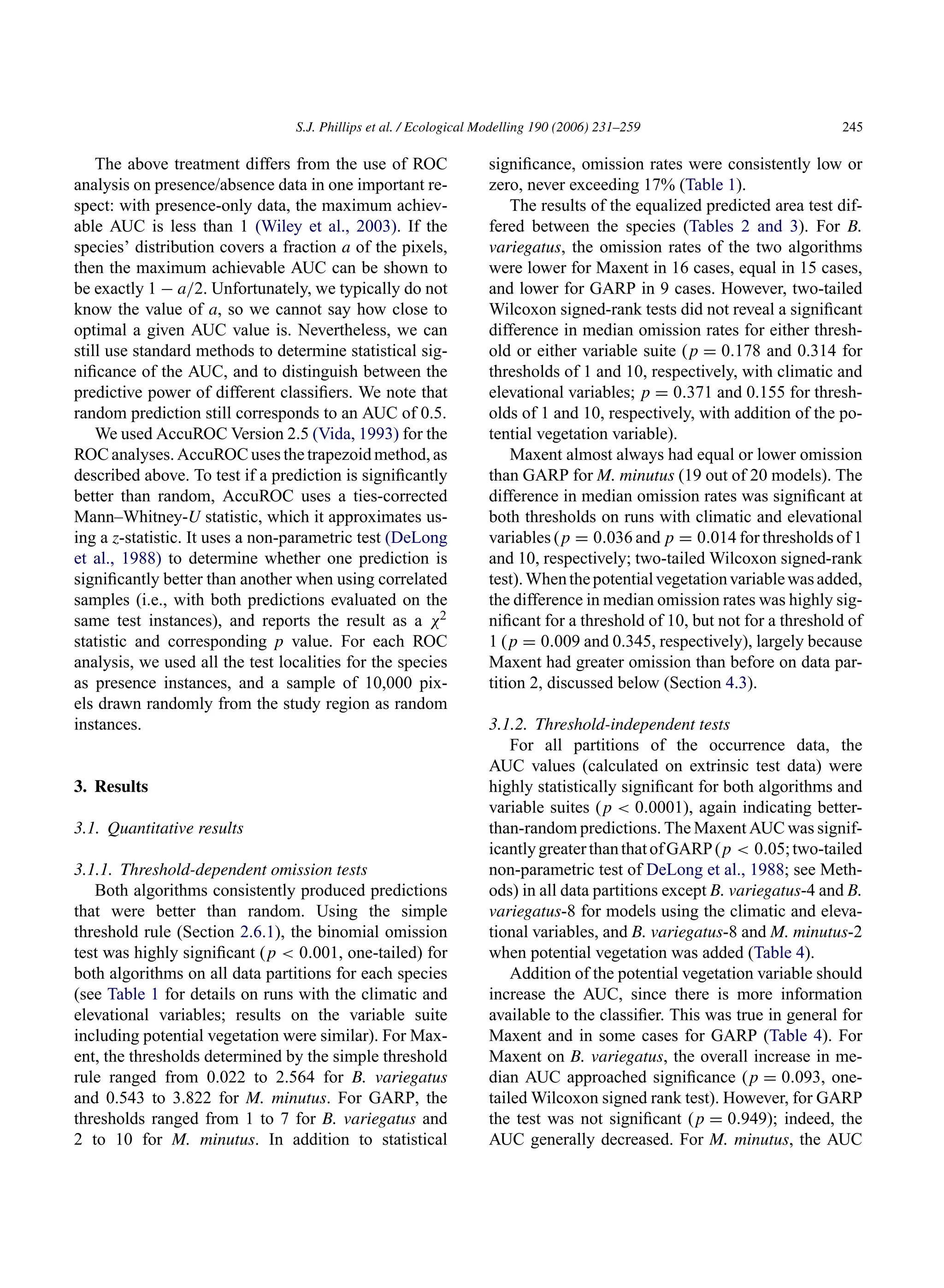 S.J. Phillips et al. / Ecological Modelling 190 (2006) 231–259 245
The above treatment differs from the use of ROC
analysis on presence/absence data in one important re-
spect: with presence-only data, the maximum achiev-
able AUC is less than 1 (Wiley et al., 2003). If the
species’ distribution covers a fraction a of the pixels,
then the maximum achievable AUC can be shown to
be exactly 1 − a/2. Unfortunately, we typically do not
know the value of a, so we cannot say how close to
optimal a given AUC value is. Nevertheless, we can
still use standard methods to determine statistical sig-
nificance of the AUC, and to distinguish between the
predictive power of different classifiers. We note that
random prediction still corresponds to an AUC of 0.5.
We used AccuROC Version 2.5 (Vida, 1993) for the
ROC analyses. AccuROC uses the trapezoid method, as
described above. To test if a prediction is significantly
better than random, AccuROC uses a ties-corrected
Mann–Whitney-U statistic, which it approximates us-
ing a z-statistic. It uses a non-parametric test (DeLong
et al., 1988) to determine whether one prediction is
significantly better than another when using correlated
samples (i.e., with both predictions evaluated on the
same test instances), and reports the result as a χ2
statistic and corresponding p value. For each ROC
analysis, we used all the test localities for the species
as presence instances, and a sample of 10,000 pix-
els drawn randomly from the study region as random
instances.
3. Results
3.1. Quantitative results
3.1.1. Threshold-dependent omission tests
Both algorithms consistently produced predictions
that were better than random. Using the simple
threshold rule (Section 2.6.1), the binomial omission
test was highly significant (p  0.001, one-tailed) for
both algorithms on all data partitions for each species
(see Table 1 for details on runs with the climatic and
elevational variables; results on the variable suite
including potential vegetation were similar). For Max-
ent, the thresholds determined by the simple threshold
rule ranged from 0.022 to 2.564 for B. variegatus
and 0.543 to 3.822 for M. minutus. For GARP, the
thresholds ranged from 1 to 7 for B. variegatus and
2 to 10 for M. minutus. In addition to statistical
significance, omission rates were consistently low or
zero, never exceeding 17% (Table 1).
The results of the equalized predicted area test dif-
fered between the species (Tables 2 and 3). For B.
variegatus, the omission rates of the two algorithms
were lower for Maxent in 16 cases, equal in 15 cases,
and lower for GARP in 9 cases. However, two-tailed
Wilcoxon signed-rank tests did not reveal a significant
difference in median omission rates for either thresh-
old or either variable suite (p = 0.178 and 0.314 for
thresholds of 1 and 10, respectively, with climatic and
elevational variables; p = 0.371 and 0.155 for thresh-
olds of 1 and 10, respectively, with addition of the po-
tential vegetation variable).
Maxent almost always had equal or lower omission
than GARP for M. minutus (19 out of 20 models). The
difference in median omission rates was significant at
both thresholds on runs with climatic and elevational
variables (p = 0.036 and p = 0.014 for thresholds of 1
and 10, respectively; two-tailed Wilcoxon signed-rank
test).Whenthepotentialvegetationvariablewasadded,
the difference in median omission rates was highly sig-
nificant for a threshold of 10, but not for a threshold of
1 (p = 0.009 and 0.345, respectively), largely because
Maxent had greater omission than before on data par-
tition 2, discussed below (Section 4.3).
3.1.2. Threshold-independent tests
For all partitions of the occurrence data, the
AUC values (calculated on extrinsic test data) were
highly statistically significant for both algorithms and
variable suites (p  0.0001), again indicating better-
than-random predictions. The Maxent AUC was signif-
icantlygreaterthanthatofGARP(p  0.05;two-tailed
non-parametric test of DeLong et al., 1988; see Meth-
ods) in all data partitions except B. variegatus-4 and B.
variegatus-8 for models using the climatic and eleva-
tional variables, and B. variegatus-8 and M. minutus-2
when potential vegetation was added (Table 4).
Addition of the potential vegetation variable should
increase the AUC, since there is more information
available to the classifier. This was true in general for
Maxent and in some cases for GARP (Table 4). For
Maxent on B. variegatus, the overall increase in me-
dian AUC approached significance (p = 0.093, one-
tailed Wilcoxon signed rank test). However, for GARP
the test was not significant (p = 0.949); indeed, the
AUC generally decreased. For M. minutus, the AUC
 