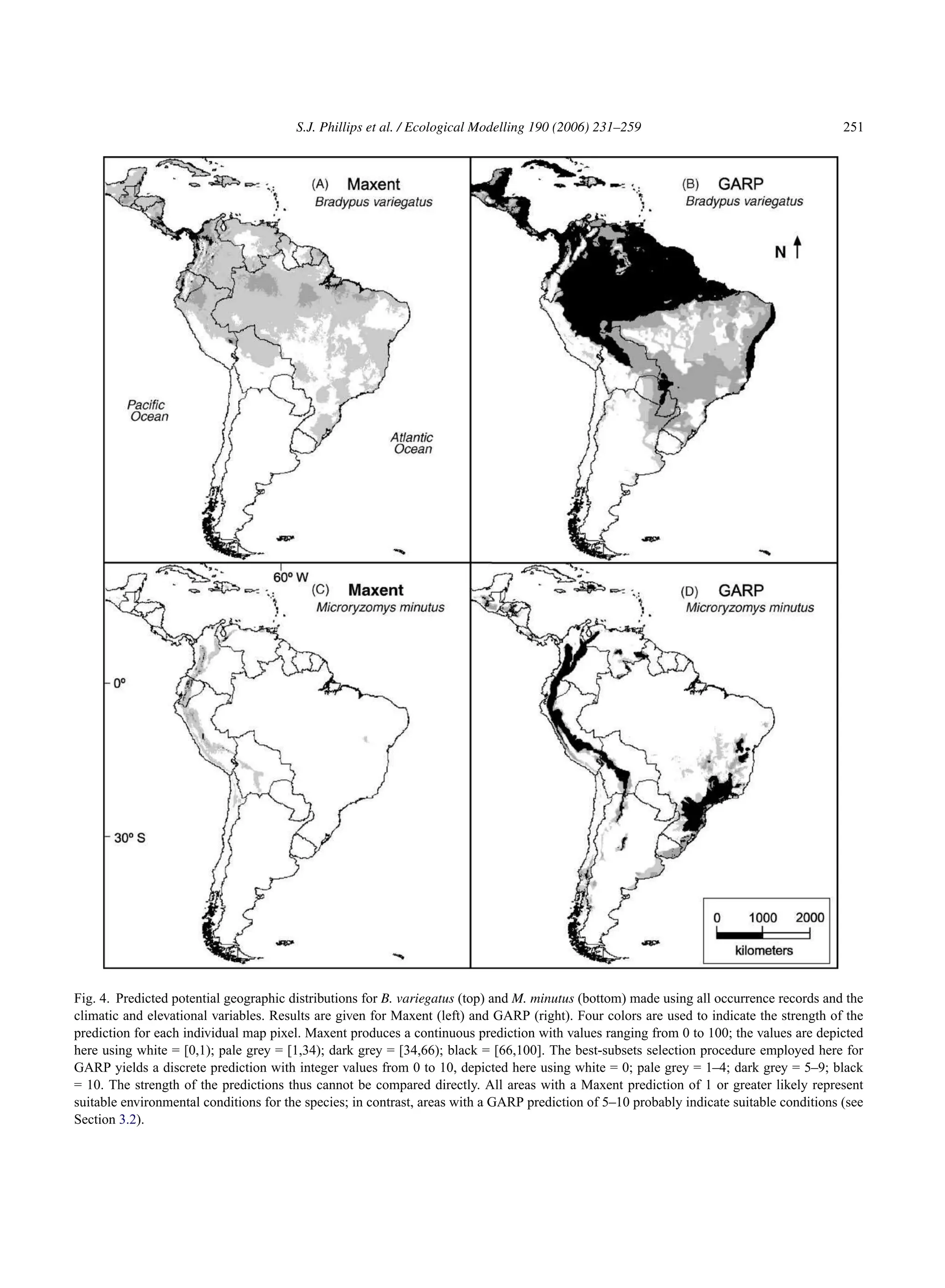 S.J. Phillips et al. / Ecological Modelling 190 (2006) 231–259 251
Fig. 4. Predicted potential geographic distributions for B. variegatus (top) and M. minutus (bottom) made using all occurrence records and the
climatic and elevational variables. Results are given for Maxent (left) and GARP (right). Four colors are used to indicate the strength of the
prediction for each individual map pixel. Maxent produces a continuous prediction with values ranging from 0 to 100; the values are depicted
here using white = [0,1); pale grey = [1,34); dark grey = [34,66); black = [66,100]. The best-subsets selection procedure employed here for
GARP yields a discrete prediction with integer values from 0 to 10, depicted here using white = 0; pale grey = 1–4; dark grey = 5–9; black
= 10. The strength of the predictions thus cannot be compared directly. All areas with a Maxent prediction of 1 or greater likely represent
suitable environmental conditions for the species; in contrast, areas with a GARP prediction of 5–10 probably indicate suitable conditions (see
Section 3.2).
 