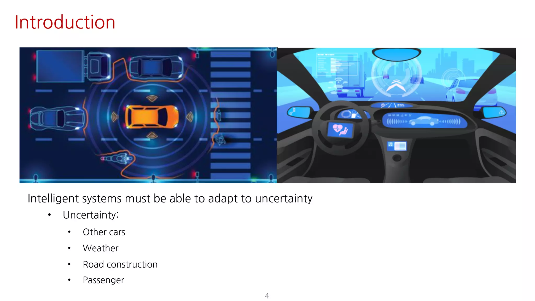 Intelligent systems must be able to adapt to uncertainty
• Uncertainty:
• Other cars
• Weather
• Road construction
• Passenger
4
Introduction
 