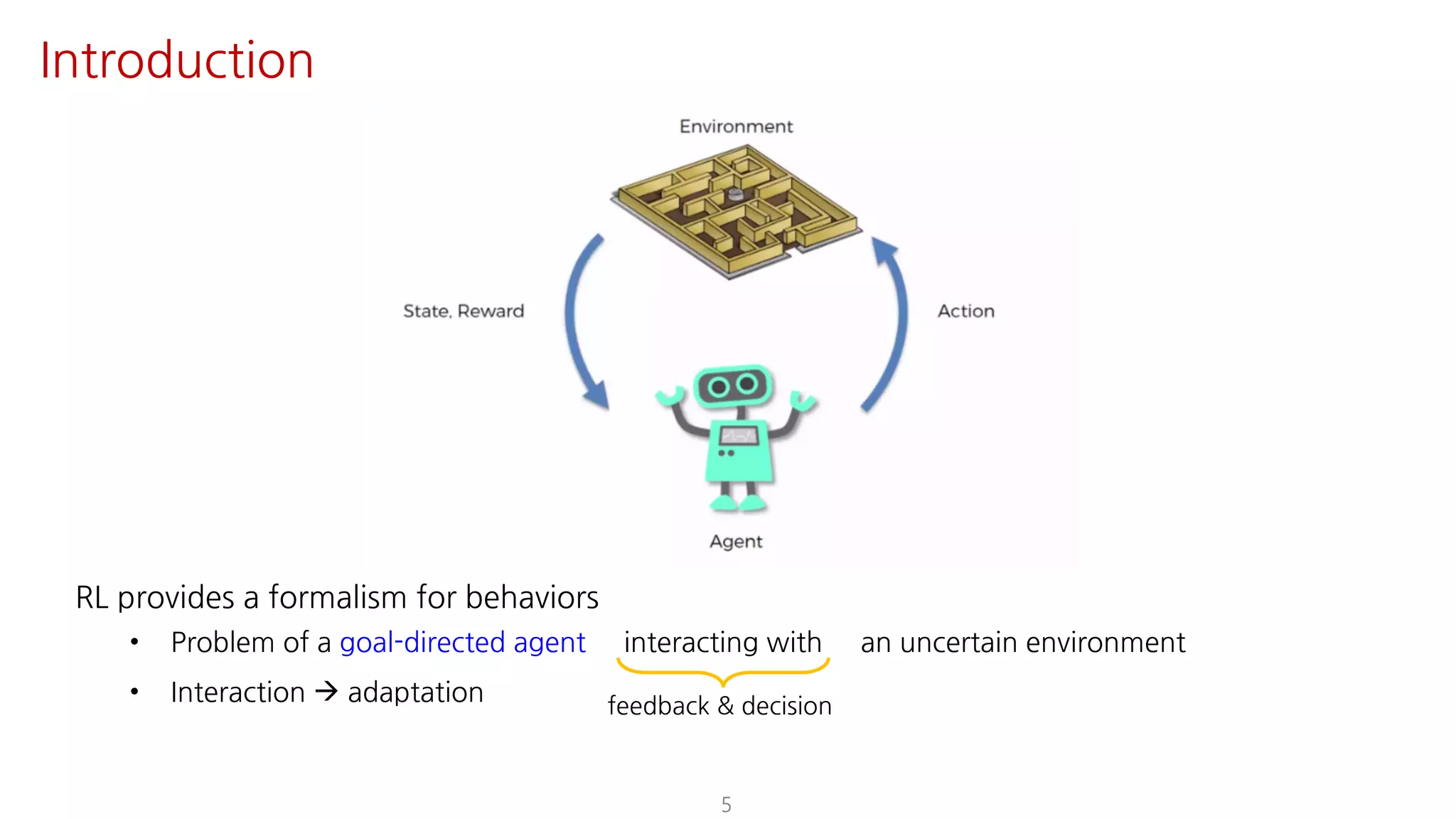 RL provides a formalism for behaviors
• Problem of a goal-directed agent interacting with an uncertain environment
• Interaction à adaptation
5
feedback & decision
Introduction
 