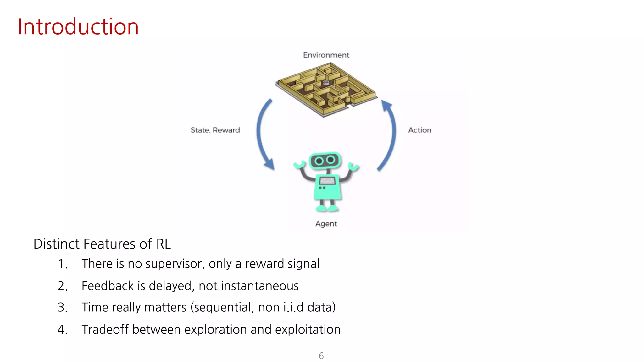 6
Introduction
Distinct Features of RL
1. There is no supervisor, only a reward signal
2. Feedback is delayed, not instantaneous
3. Time really matters (sequential, non i.i.d data)
4. Tradeoff between exploration and exploitation
 