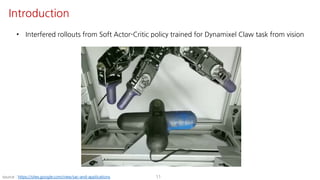 • Interfered rollouts from Soft Actor-Critic policy trained for Dynamixel Claw task from vision
11
Introduction
source : https://sites.google.com/view/sac-and-applications
 