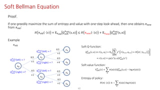 40
Soft Bellman Equation
Proof.
If one greedily maximize the sum of entropy and value with one-step look-ahead, then one obtains 𝜋uvw
from 𝜋jst:
𝐻 𝜋jst ⋅ 𝑠 + 𝔼Fyz{
𝑄ijkl
Fyz{
s, 𝑎 ≤ 𝐻 𝜋uvw ⋅ 𝑠 + 𝔼F€•‚
𝑄ijkl
Fyz{
s, 𝑎
Example
𝑠K
𝑠@
𝑠†
𝑠‡
𝑠ˆ
𝜋jst
0.5
0.5
0.5
0.5
+2
+4+1
+1
𝑠•
𝑠Ž
0.5
+3
0.5
+1
𝑄ijkl
Fyz{
left = ?
𝑄ijkl
Fyz{
right = ?
𝑄ijkl
Fyz{
left = ?
𝑄ijkl
Fyz{
right = ?
𝑄ijkl
Fyz{
left = ?
𝑄ijkl
Fyz{
right =?
Soft Q-function:
𝑄ijkl
F
𝑠, 𝑎 ≜ 𝑟 𝑠", 𝑎" + 𝔼F I
mJ@
L
𝛾m
𝑟 𝑠"?m, 𝑎"?m + 𝐻 𝜋 ⋅ 𝑠"?m
= 𝑟 𝑠, 𝑎 + 𝛾𝑝 𝑠=
𝑠, 𝑎 𝑉ijkl
F
𝑠=
Soft value function:
𝑉ijkl
F
𝑠 = I
S
𝜋 𝑎 𝑠 𝑄ijkl
F
s, 𝑎 − log 𝜋 𝑎 𝑠
Entropy of policy:
𝐻 𝜋(⋅ |𝑠) ≜ − I
S
𝜋(𝑎|𝑠) log 𝜋(𝑎|𝑠)
 