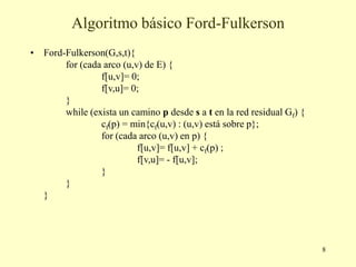 8
Algoritmo básico Ford-Fulkerson
• Ford-Fulkerson(G,s,t){
for (cada arco (u,v) de E) {
f[u,v]= 0;
f[v,u]= 0;
}
while (exista un camino p desde s a t en la red residual Gf) {
cf(p) = min{cf(u,v) : (u,v) está sobre p};
for (cada arco (u,v) en p) {
f[u,v]= f[u,v] + cf(p) ;
f[v,u]= - f[u,v];
}
}
}
 