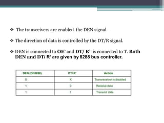  The transceivers are enabled the DEN signal.
 The direction of data is controlled by the DT/R signal.
 DEN is connected to OE’ and DT/ R’ is connected to T. Both
DEN and DT/ R’ are given by 8288 bus controller.
 