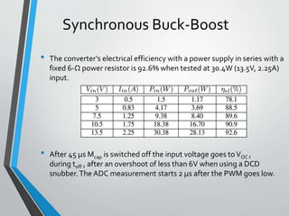 Synchronous Buck-Boost
• The converter’s electrical efficiency with a power supply in series with a
fixed 6-Ω power resistor is 92.6% when tested at 30.4W (13.5V, 2.25A)
input.
• After 45 μs Mcap is switched off the input voltage goes toVOC ,
during toff , after an overshoot of less than 6V when using a DCD
snubber.The ADC measurement starts 2 μs after the PWM goes low.
 