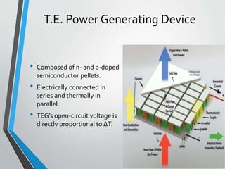 T.E. Power Generating Device
• Composed of n- and p-doped
semiconductor pellets.
• Electrically connected in
series and thermally in
parallel.
• TEG’s open-circuit voltage is
directly proportional to ΔT.
 