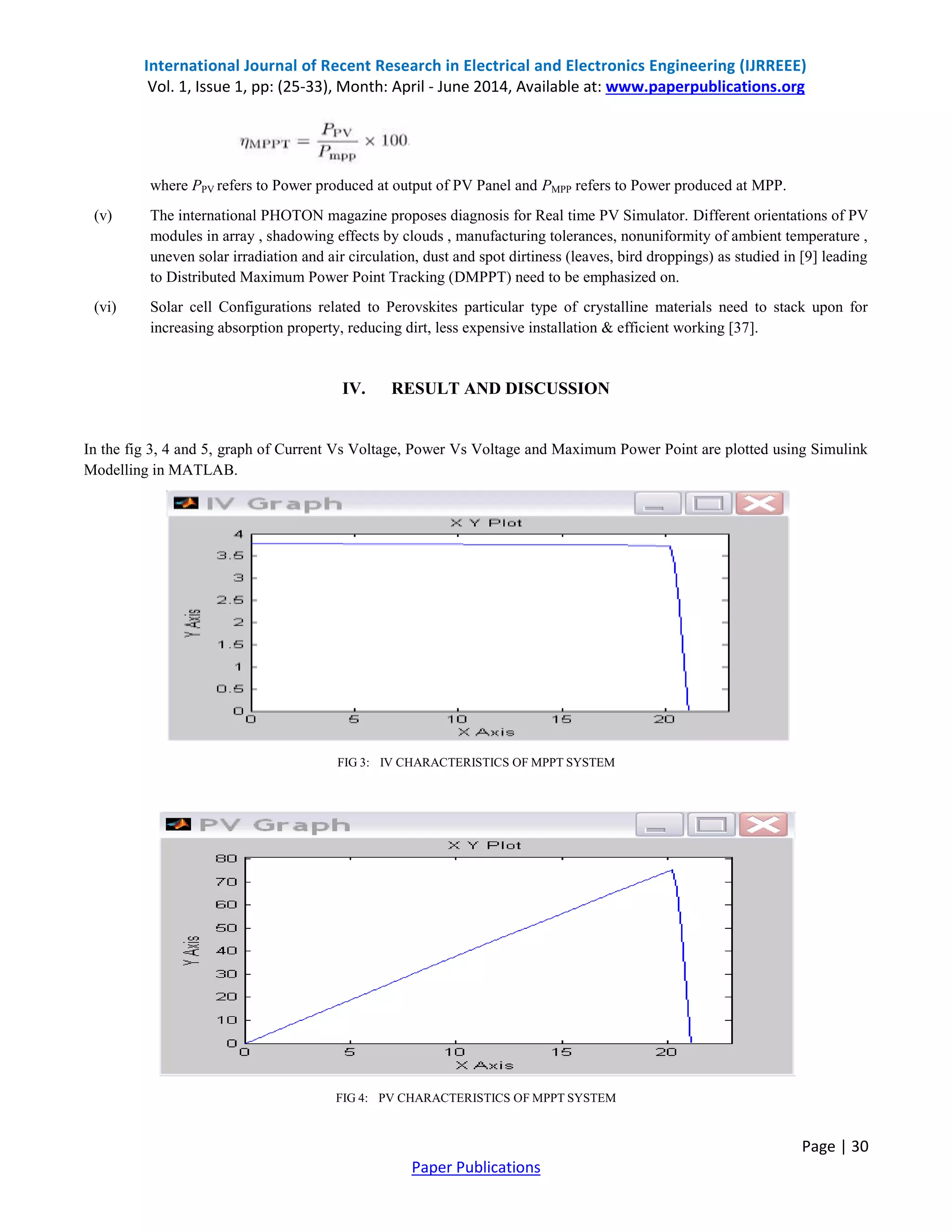 International Journal of Recent Research in Electrical and Electronics Engineering (IJRREEE)
Vol. 1, Issue 1, pp: (25-33), Month: April - June 2014, Available at: www.paperpublications.org
Page | 30
Paper Publications
where PPV refers to Power produced at output of PV Panel and PMPP refers to Power produced at MPP.
(v) The international PHOTON magazine proposes diagnosis for Real time PV Simulator. Different orientations of PV
modules in array , shadowing effects by clouds , manufacturing tolerances, nonuniformity of ambient temperature ,
uneven solar irradiation and air circulation, dust and spot dirtiness (leaves, bird droppings) as studied in [9] leading
to Distributed Maximum Power Point Tracking (DMPPT) need to be emphasized on.
(vi) Solar cell Configurations related to Perovskites particular type of crystalline materials need to stack upon for
increasing absorption property, reducing dirt, less expensive installation & efficient working [37].
IV. RESULT AND DISCUSSION
In the fig 3, 4 and 5, graph of Current Vs Voltage, Power Vs Voltage and Maximum Power Point are plotted using Simulink
Modelling in MATLAB.
FIG 3: IV CHARACTERISTICS OF MPPT SYSTEM
FIG 4: PV CHARACTERISTICS OF MPPT SYSTEM
 
