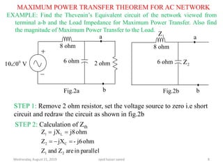 MAXIMUM POWER TRANSFER THEOREM FOR AC NETWORK
EXAMPLE: Find the Thevenin’s Equivalent circuit of the network viewed from
terminal a-b and the Load Impedance for Maximum Power Transfer. Also find
the magnitude of Maximum Power Transfer to the Load.
Wednesday, August 21, 2019 syed hasan saeed 8
V010 0

8 ohm
6 ohm 2 ohm
a
bFig.2a
STEP 1: Remove 2 ohm resistor, set the voltage source to zero i.e short
circuit and redraw the circuit as shown in fig.2b
STEP 2: Calculation of Zth
parallelinareZandZ
ohmj6-jXZ
ohmj8jXZ
21
C2
L1


8 ohm
6 ohm
b
a
Fig.2b
1Z
2Z
 