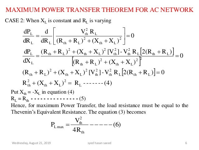 Maximum power transfer theorem for ac network