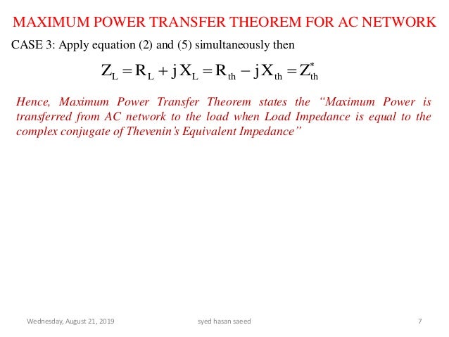 Maximum power transfer theorem for ac network