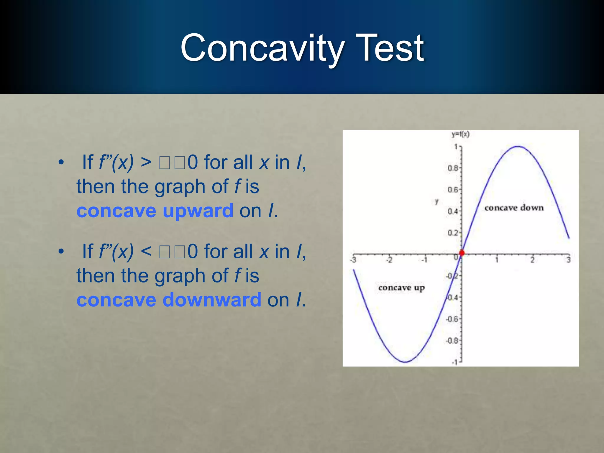 Concavity Test
• If f”(x) > 􏰮􏰮0 for all x in I,
then the graph of f is
concave upward on I.
• If f”(x) < 􏰮􏰮0 for all x in I,
then the graph of f is
concave downward on I.
 