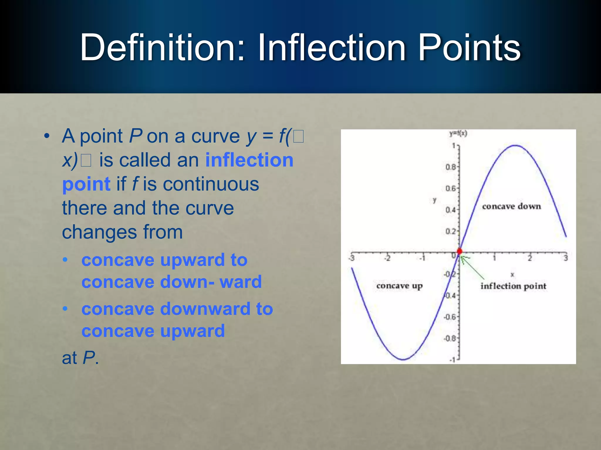 Definition: Inflection Points
• A point P on a curve y = f(􏰮
x)􏰮 is called an inflection
point if f is continuous
there and the curve
changes from
• concave upward to
concave down- ward
• concave downward to
concave upward
at P.
 