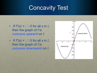 Concavity Test
• If f”(x) > 􏰮􏰮0 for all x in I,
then the graph of f is
concave upward on I.
• If f”(x) < 􏰮􏰮0 for all x in I,
then the graph of f is
concave downward on I.
 