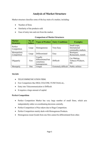 Analysis of Market Structure

Market structure classifies some of the key traits of a market, including:

        Number of firms
        Similarity of the products sold
        Ease of entry into and exit from the market.

                              Comparison of Market Structures
Market              No. of
                               Types of Product Entry Conditions                     Examples
Structure           Sellers
                                                                               Small crops,
Perfect
                     Large     Homogeneous               Very Easy             International
Competition
                                                                               commodity markets
Monopolistic                                                                   Boutiques,
                     Large     Differentiated            Easy
Competition                                                                    Restaurants, motels
                               Usually
                                                                               Car Making,
                               differentiated but
Oligopoly             Few                                Difficult             Tobacco Products,
                               sometimes
                                                                               Oil
                               homogeneous
Monopoly              One      Unique                    Extremely difficult   Public utilities


MAXIS

       TELECOMMUNICATION FIRM.
       Few Competitors like DIGI, CELCOM, TUNETALK etc..
       Entry into Telecommunication is Difficult.
       It requires a large amount of capital.

Perfect Competition

       Perfect Competition Market has very large number of small firms, which acts
       independently rather co-coordinating decisions centrally.
       Perfect Competition is Price takers due to Huge Competition.
       Perfect Competition mainly deals with Homogenous Products.
       Homogenous mean Goods from one firm cannot be differentiated from other.




                                                Page 5
 