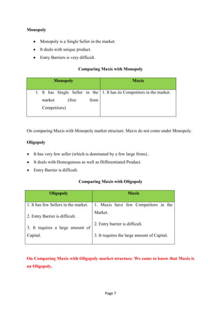 Monopoly

        Monopoly is a Single Seller in the market.
        It deals with unique product.
        Entry Barriers is very difficult.

                                   Comparing Maxis with Monopoly

                 Monopoly                                        Maxis

     1. It has Single Seller in the 1. It has its Competitors in the market.
           market          (free        from
           Competitors).




On comparing Maxis with Monopoly market structure. Maxis do not come under Monopoly.

Oligopoly

    It has very few seller (which is dominated by a few large firms)..
    It deals with Homogenous as well as Differentiated Product.
    Entry Barrier is difficult.

                                   Comparing Maxis with Oligopoly

              Oligopoly                                       Maxis

1. It has few Sellers in the market.      1. Maxis have few Competitors in the
                                          Market.
2. Entry Barrier is difficult.
                                          2. Entry barrier is difficult.
3. It requires a large amount of
Capital.                                  3. It requires the large amount of Capital.




On Comparing Maxis with Oligopoly market structure. We came to know that Maxis is
an Oligopoly.




                                                Page 7
 