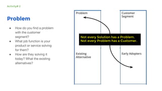 Problem
●
●
●
Not every Solution has a Problem.
Not every Problem has a Customer.
Activity# 2
 
